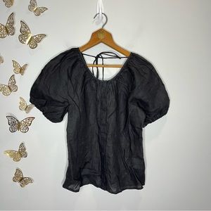 🦋🌙 NWOT MADEWELL | Black Linen Button Down Open Back w/Tie Short Sleeve Blouse